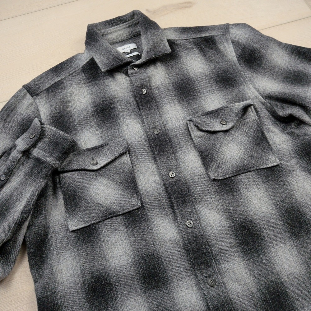 Reiss Alves Flannel Overshirt Mens XL Wool Blend Grey Black Ombre Plaid